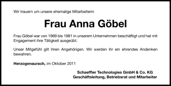 Traueranzeige von Anna Göbel von Nürnberger Nachrichten