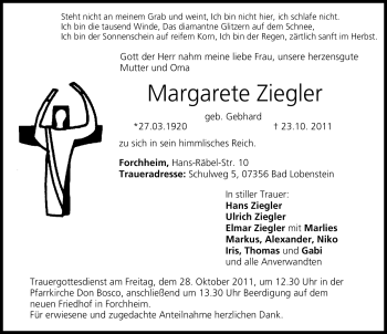 Traueranzeige von Margarete Ziegler von Nürnberger Nachrichten