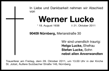 Traueranzeige von Werner Lucke von Nürnberger Nachrichten