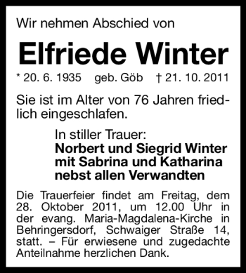 Traueranzeige von Elfriede Winter von Nürnberger Nachrichten