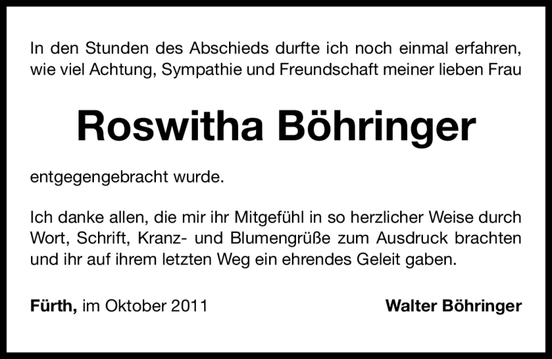  Traueranzeige für Roswitha Böhringer vom 29.10.2011 aus Nürnberger Nachrichten