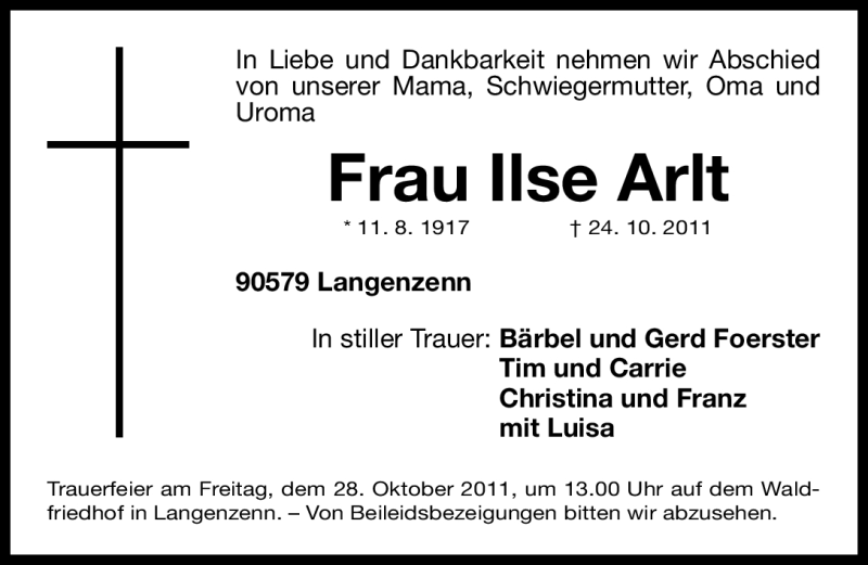  Traueranzeige für Ilse Arlt vom 26.10.2011 aus Nürnberger Nachrichten