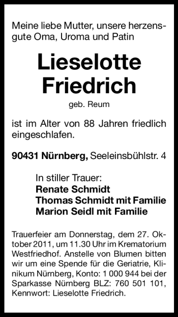 Traueranzeige von Lieselotte Friedrich von Nürnberger Nachrichten