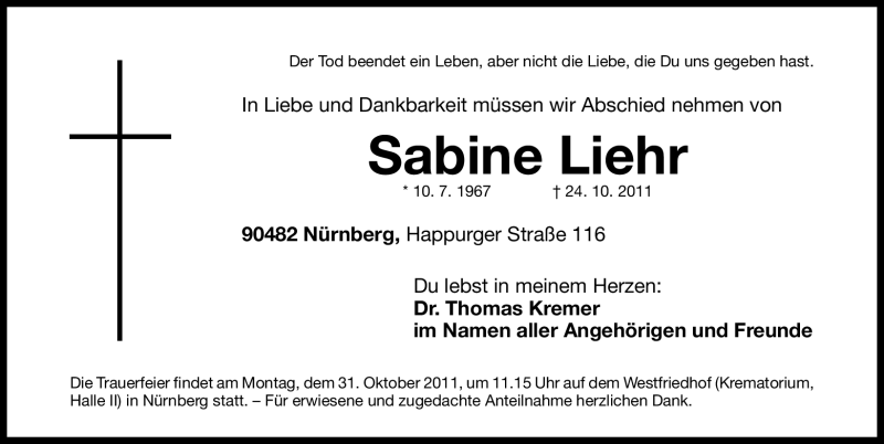  Traueranzeige für Sabine Liehr vom 29.10.2011 aus Nürnberger Nachrichten