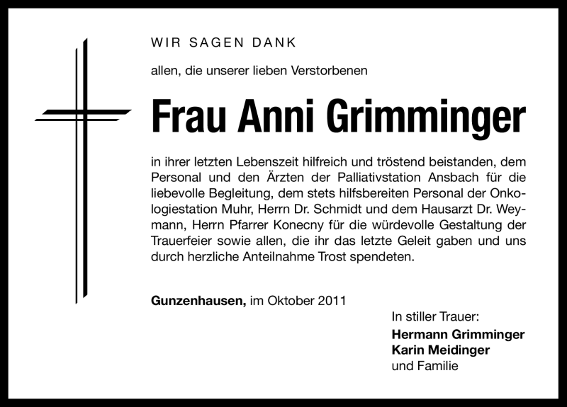  Traueranzeige für Anni Grimminger vom 28.10.2011 aus Nürnberger Nachrichten