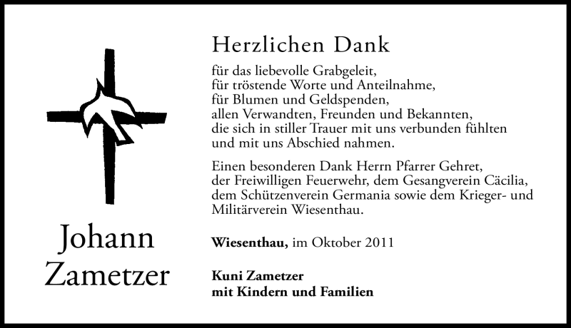  Traueranzeige für Johann Zametzer vom 31.10.2011 aus Nürnberger Nachrichten