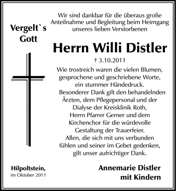 Traueranzeige von Willibald Distler von Nürnberger Nachrichten