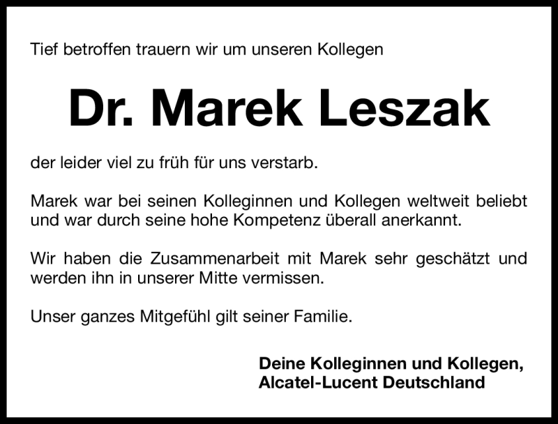  Traueranzeige für Marek Leszak vom 29.10.2011 aus Nürnberger Nachrichten