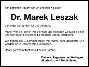 Traueranzeige von Marek Leszak von Nürnberger Nachrichten