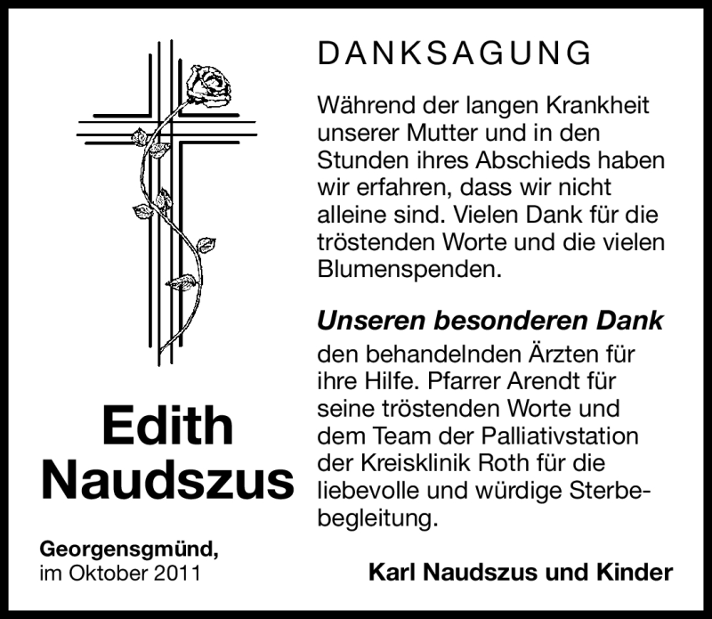  Traueranzeige für Edith Naudszus vom 29.10.2011 aus Nürnberger Nachrichten