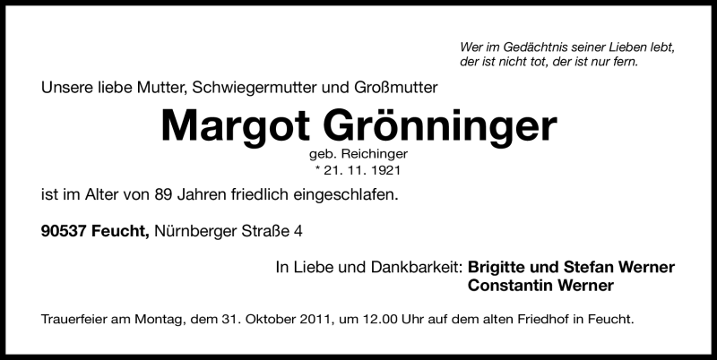  Traueranzeige für Margot Grönninger vom 29.10.2011 aus Nürnberger Nachrichten