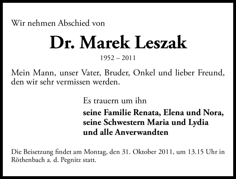  Traueranzeige für Marek Leszak vom 29.10.2011 aus Nürnberger Nachrichten