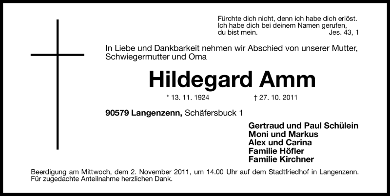  Traueranzeige für Hildegard Amm vom 29.10.2011 aus Nürnberger Nachrichten