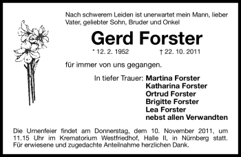 Traueranzeige von Gerd Forster von Nürnberger Nachrichten
