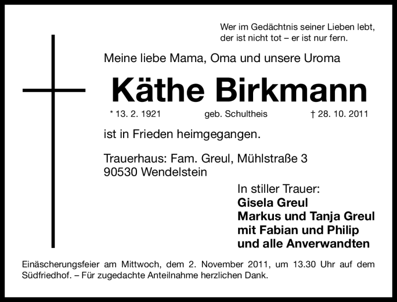  Traueranzeige für Käthe Birkmann vom 31.10.2011 aus Nürnberger Nachrichten