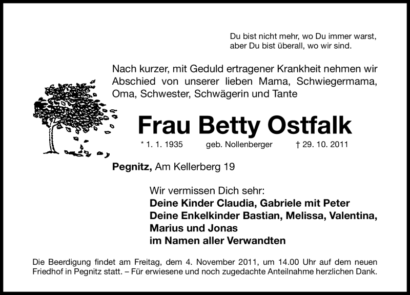  Traueranzeige für Betty Ostfalk vom 01.11.2011 aus Gesamtausgabe Nürnberger Nachrichten/Nürnberger Ztg.