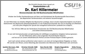Traueranzeige von Karl Hillermeier von Nürnberger Nachrichten