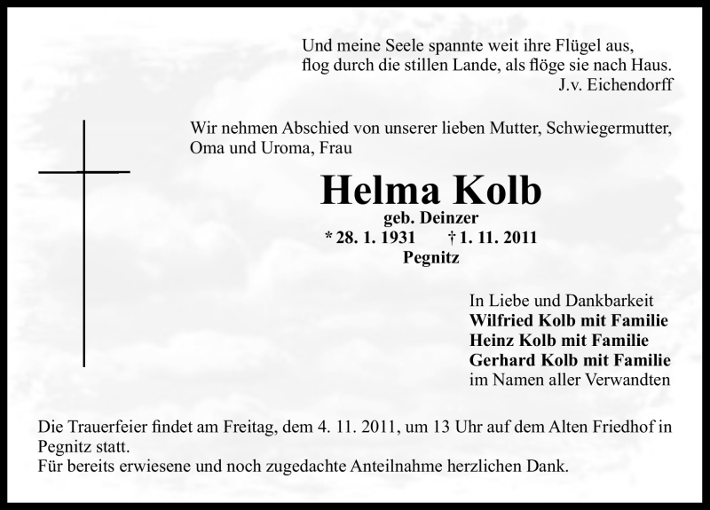  Traueranzeige für Helma Kolb vom 03.11.2011 aus Nürnberger Nachrichten