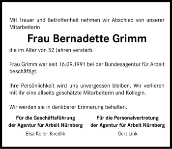 Traueranzeige von Bernadette Grimm von Nürnberger Nachrichten