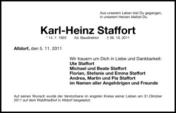 Traueranzeige von Karl-Heinz Staffort von Nürnberger Nachrichten