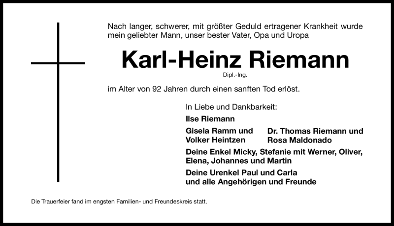  Traueranzeige für Karl-Heinz Riemann vom 04.11.2011 aus Nürnberger Nachrichten
