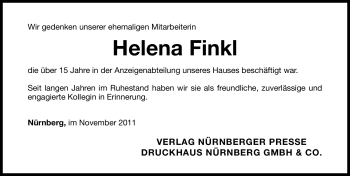 Traueranzeige von Helena Finkl von Nürnberger Nachrichten