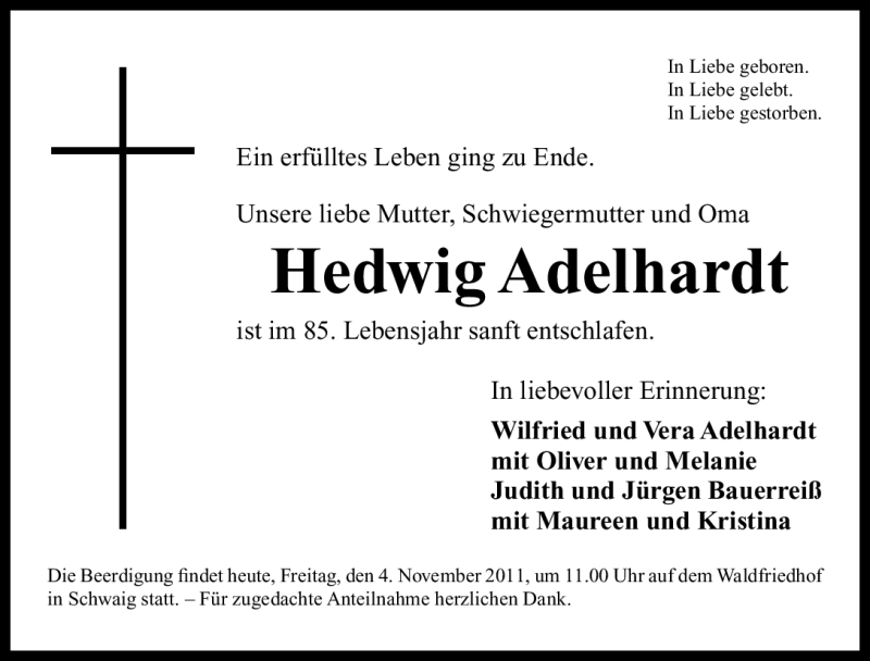  Traueranzeige für Hedwig Adelhardt vom 04.11.2011 aus Nürnberger Nachrichten