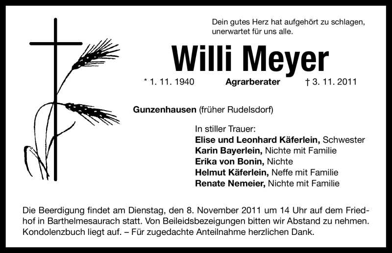  Traueranzeige für Willi Meyer vom 05.11.2011 aus Nürnberger Nachrichten
