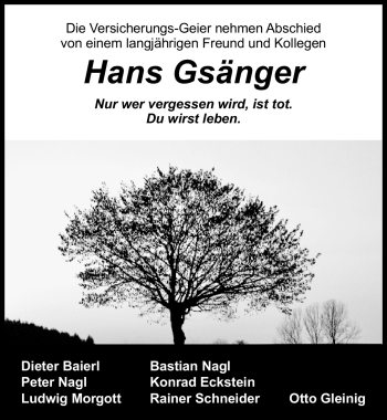 Traueranzeige von Hans Gsänger von Nürnberger Nachrichten