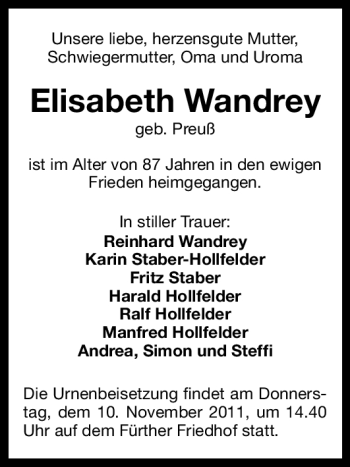 Traueranzeige von Elisabeth Wandrey von Nürnberger Nachrichten