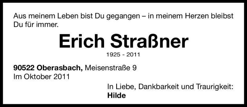  Traueranzeige für Erich Straßner vom 09.11.2011 aus Nürnberger Nachrichten