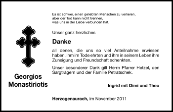 Traueranzeige von Georgios Monastiriotis von Nürnberger Nachrichten