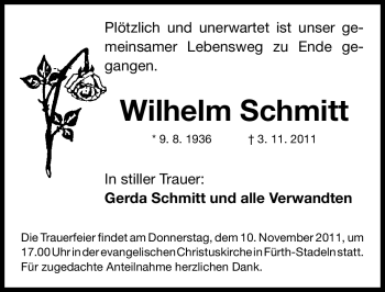 Traueranzeige von Wilhelm Schmitt von Nürnberger Nachrichten
