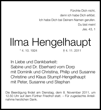 Traueranzeige von Ilma Hengelhaupt von Nürnberger Nachrichten