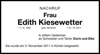 Traueranzeige von Edith Kiesewetter von Nürnberger Nachrichten