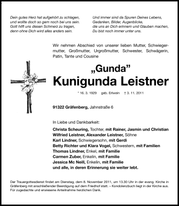 Traueranzeige von Kunigunda Leistner von Nürnberger Nachrichten