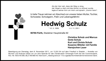 Traueranzeige von Hedwig Schulz von Nürnberger Nachrichten