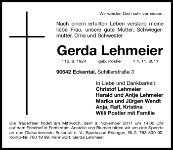 Traueranzeige von Gerda Lehmeier von Nürnberger Nachrichten