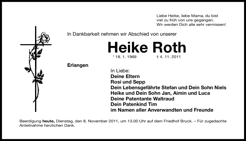  Traueranzeige für Heike Roth vom 08.11.2011 aus Nürnberger Nachrichten