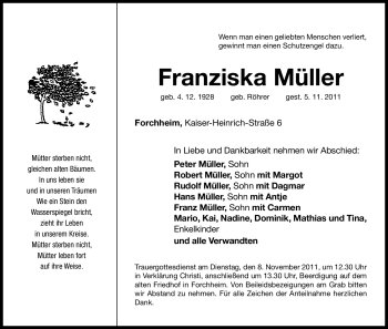 Traueranzeige von Franziska Müller von Nürnberger Nachrichten