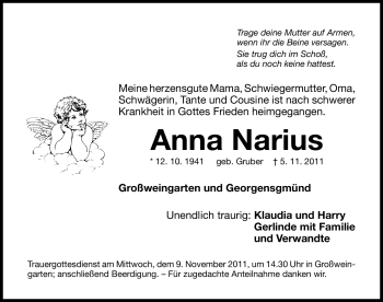 Traueranzeige von Anna Narius von Nürnberger Nachrichten