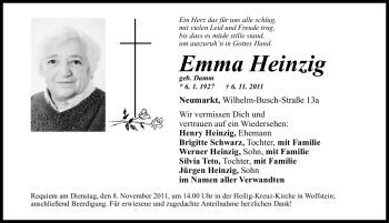 Traueranzeige von Emma Heinzig von Nürnberger Nachrichten