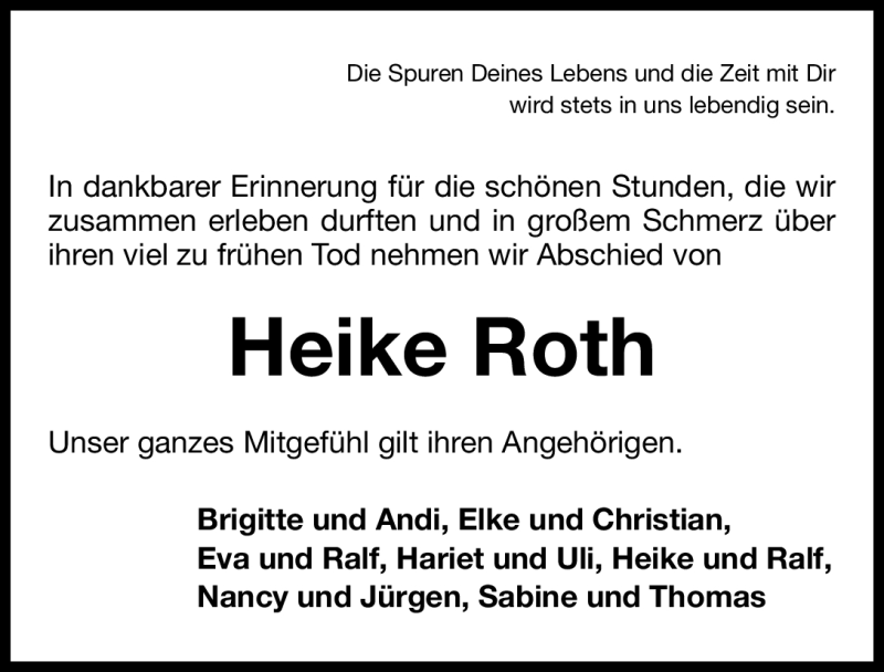  Traueranzeige für Heike Roth vom 09.11.2011 aus Nürnberger Nachrichten