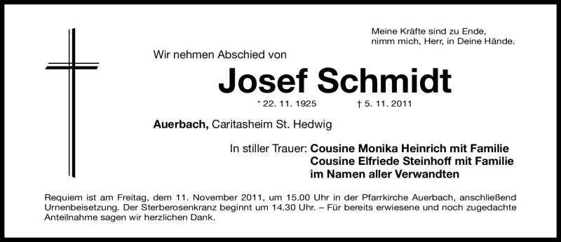  Traueranzeige für Josef Schmidt vom 08.11.2011 aus Nürnberger Nachrichten