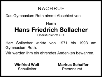Traueranzeige von Hans Friedrich Sollacher von Nürnberger Nachrichten