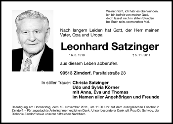 Traueranzeige von Leonhard Satzinger von Nürnberger Nachrichten