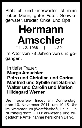 Traueranzeige von Hermann Amschler von Nürnberger Nachrichten