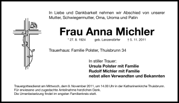 Traueranzeige von Anna Michler von Nürnberger Nachrichten