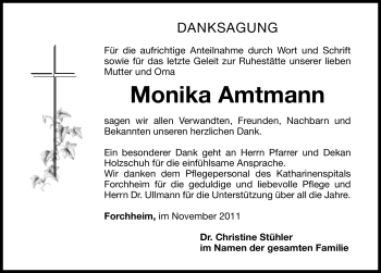Traueranzeige von Monika Amtmann von Nürnberger Nachrichten