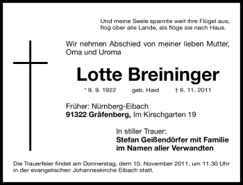 Traueranzeige von Lotte Breininger von Nürnberger Nachrichten